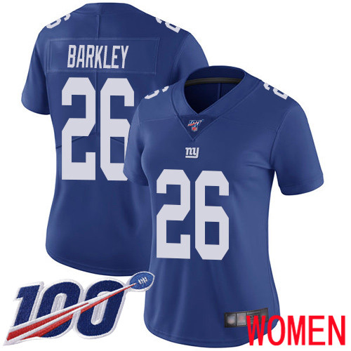 Women New York Giants #26 Saquon Barkley Royal Blue Team Color Vapor Untouchable Limited Player 100th Season Football NFL Jersey